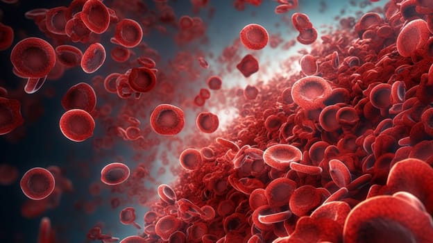 A detailed 3D illustration depicting mutated red blood cells within a vein, representing the effects of radiation on human blood