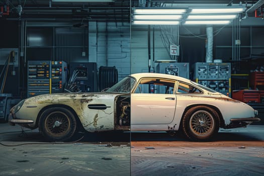 Split-screen image of a classic car in a workshop, showcasing the vehicle's front end with a gritty, vintage appeal on one side and a cleaner, restored look on the other.