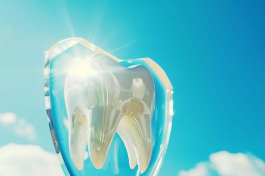 A concept image featuring a shield superimposed over a tooth against a clear blue sky, symbolizing dental protection