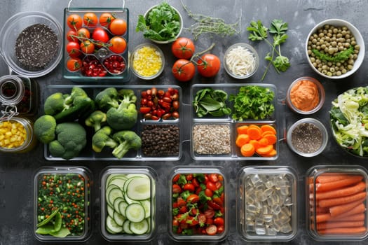 An organized display of plant-based foods neatly arranged in containers, showcasing a variety of colorful vegetables and grains for a healthy diet