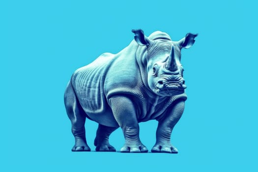 This digital art piece features a rhinoceros with exaggerated muscularity in a power stance, presented against a solid blue background, embodying power and resilience