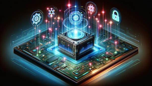 A visualization of a futuristic digital voting platform, highlighting a secure central processing unit amidst a network of vibrant connections