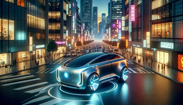 A self-driving car glides through a neon-lit cityscape at dusk, epitomizing the future of urban transport in a technologically advanced metropolis
