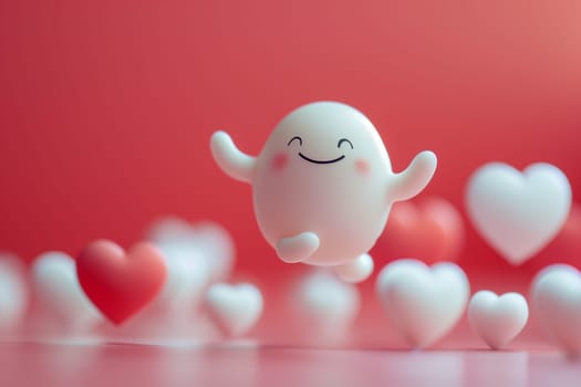 A small heart-shaped toy with a multi-colored balloon symbolizing love and celebration, on a pink background.