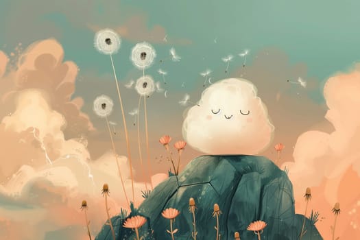 A painting depicting a cloud sitting on top of a hill and looking into the distance with a contemplative expression.