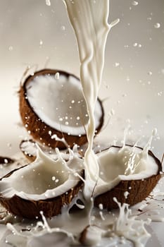 Milk being poured into two coconuts, creating a splash as it fills the fruits with creamy liquid.