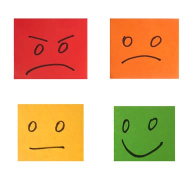 Multi-colored paper stickers with emotions on a white background, evaluation and rating