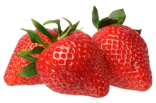 Three ripe red strawberries on isolated background, close up