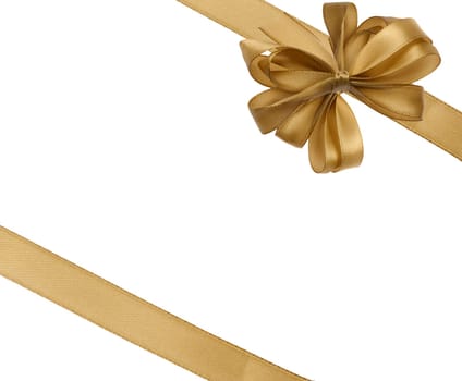 Tied bow made of golden silk ribbon on an isolated background, decor for a gift