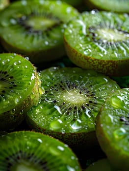 A closeup shot of sliced kiwi fruit showcasing its natural beauty with water drops. Kiwi is a delicious fruit and a staple food in many cuisines