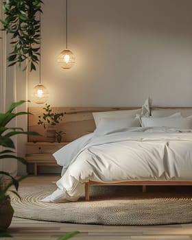 A bedroom with a comfortable bed, nightstand, rug, and plants. The wood bed frame complements the hardwood flooring and walls. Linens add to the cozy atmosphere