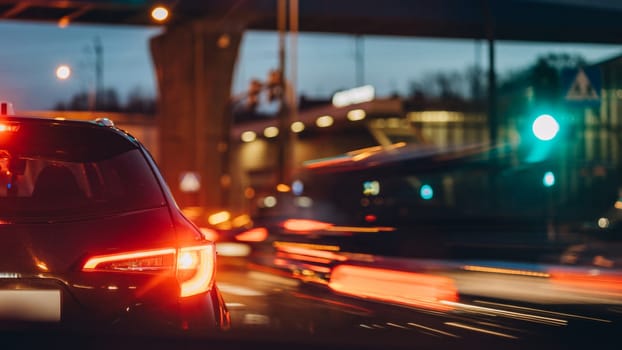 Night city speed drive motion, car with red headlights and road with lights trail