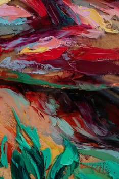Closeup of a painting by oil and palette knife. Fragment of multicolored texture painting. Abstract art background. oil on canvas. Rough brushstrokes of paint.