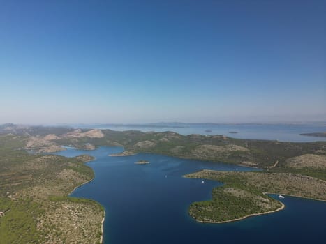 Drone aerial view on islands and sea water, beautiful summer landscape of Telascica bay in National Park, Croatia