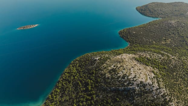 Drone above view of mountainous coastline terrain in Dugi Otok island, Telascica National Park, Croatia