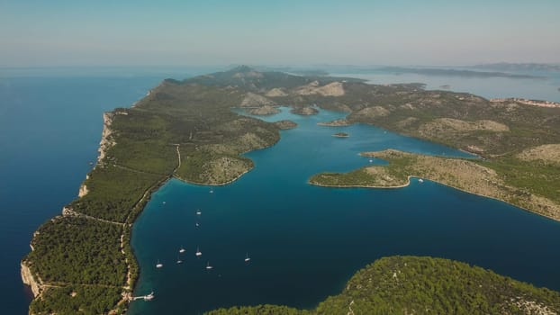Panoramic drone view of Telascica National Park, Dugi Otok island with cliffs and bay in Croatia