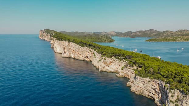Telascica nature park and Mir lake on Dugi Otok island in Croatia, aerial view of beautiful coast and yachts