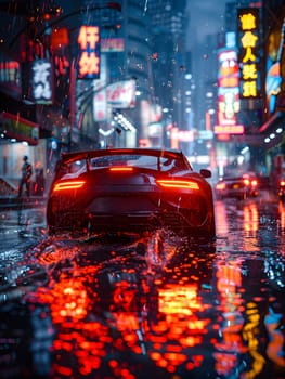 A motor vehicle is navigating a wet city street at night, with its automotive lighting illuminating the road ahead. The sleek automotive design of the cars exterior is visible despite the rain
