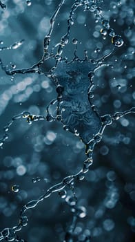 A close up of liquid splashing on an electric blue surface, creating a beautiful pattern. The freezing drop of water adds moisture to the transparent material