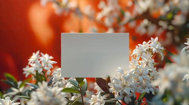 A blank white card is held amidst a cluster of delicate white flowers, with a backdrop of soft-focus warm hues that suggest a serene, possibly springtime setting - Generative AI