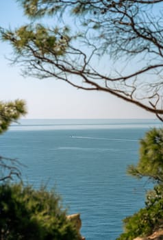 Summer peaceful landscape, line trace on blue water from sailing yacht, Telascica National Park, Croatia. Selective focus