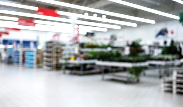 Blurred Interior Of Household Supermarket With Goods For The Home