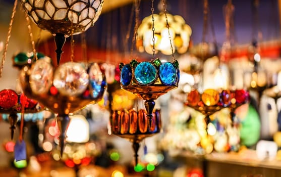 Colourful glass oriental lanterns on the market