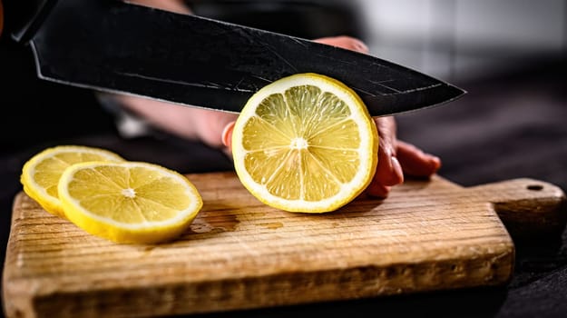 Girl hand cutting juicy lemon with knife for lemonade closeup. Slices of citrus fruit on wooden board at kitchen