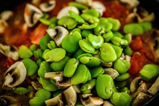 Stew vegetables, soy beans with mushrooms and vegetables