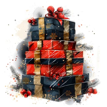 A stack of Christmas presents adorned with a red bow, resembling a Christmas ornament. The rectangular boxes create a festive decoration, evoking the spirit of the holiday season