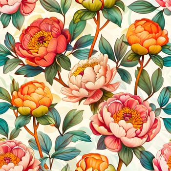 A beautiful seamless pattern featuring pink and orange flowers, green leaves on a white background. Perfect for textile design or painting projects in the creative arts field