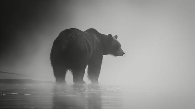 Gloomy photo of a bear on the river. High quality photo