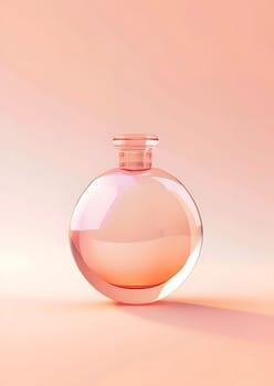 A glass bottle of perfume is placed on a pink surface, creating a beautiful contrast. The circular shape of the bottle gives it a sleek and elegant look