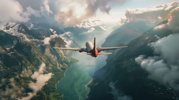 A plane flying over the mountains. travel and travel. High quality photo