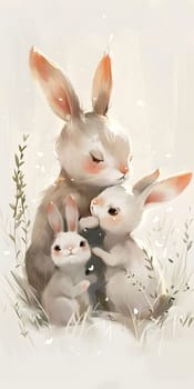 A mother rabbit cuddles two baby rabbits in her arms, showcasing the close bond between these terrestrial animals with long ears and cute snouts