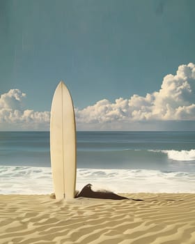 A surfboard rests on the sandy beach, waiting to ride the waves of the liquid horizon. The sky is filled with fluffy clouds, creating a picturesque landscape for surfing enthusiasts to enjoy