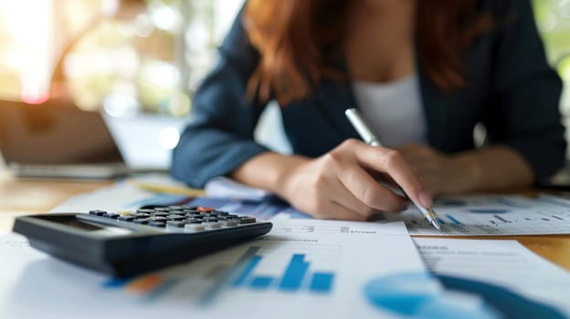 A woman is sitting at a desk with a calculator and a pen.