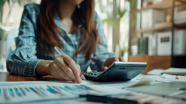 A woman is sitting at a desk with a calculator and a pen.