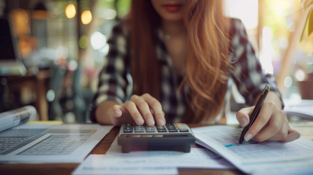 A woman is sitting at a desk with a calculator and a pen.