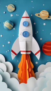 A paper rocket is flying through space with planets and stars surrounding it.