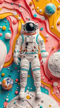 A colorful paper cutout of a man in a spacesuit standing in front of a colorful.