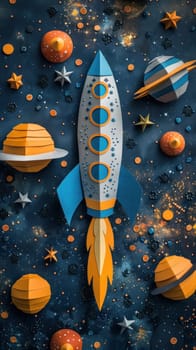A paper rocket is flying through space with planets and stars surrounding it. The scene is colorful and playful, with the rocket taking center stage