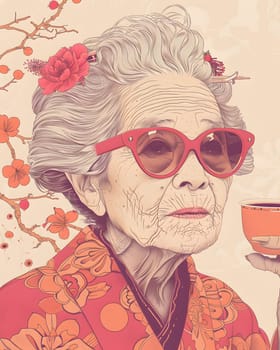 An elderly lady in sunglasses and a kimono carefully holds a cup of coffee, showcasing a blend of tradition and modern eyewear fashion