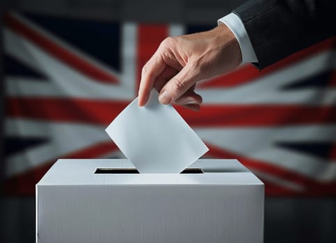 hand putting vote paper into ballot box, UK flag background. generative ai.