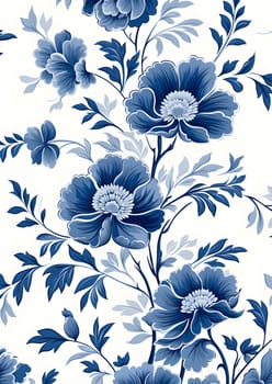 A creative arts textile featuring a seamless pattern of azure flowers and leaves on a white background, reminiscent of a beautiful painting in electric blue hues