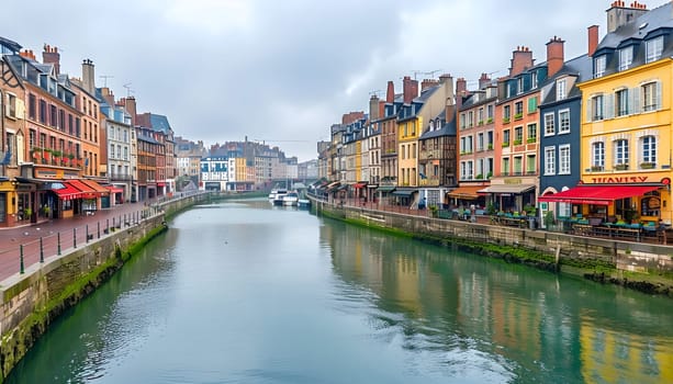 A winding river flows through a cityscape of buildings under a cloudy sky, creating a unique blend of architecture and natural landscape in the neighborhood