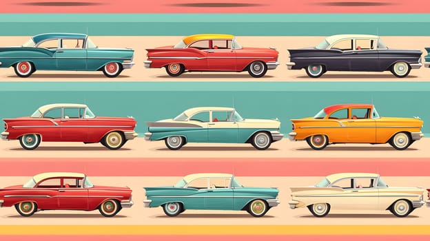 A line of classic cars with yellow exteriors are parked, showcasing their vintage wheels and tires. The row of motor vehicles creates a nostalgic automotive scene