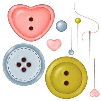 A watercolor collection of isolated objects featuring colorful buttons in round and heart shapes, along with needles, pins, and rhinestones. Colors pink, green, and blue. for crafting, sewing.