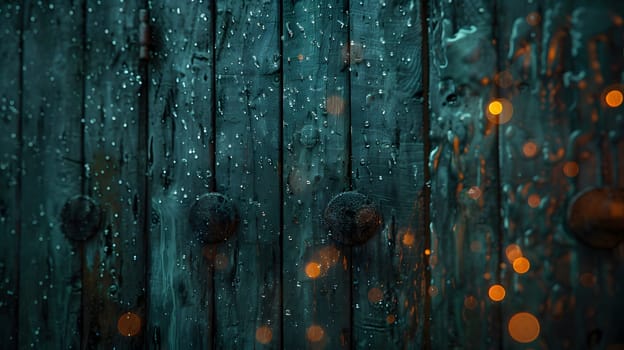 A detailed view of a wooden wall with rain drops creating a mesmerizing pattern. The electric blue tint gives it a mysterious touch, contrasting with the darkness around