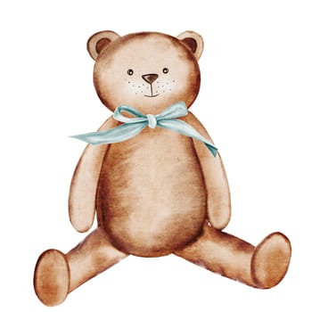 Teddy bear toy. Watercolor illustration hand drawing. Clip art of a bear isolated on a white background. Children's design. Ideal for birthday, baby shower and baptism invitations and cards, as well as tags. High quality photo